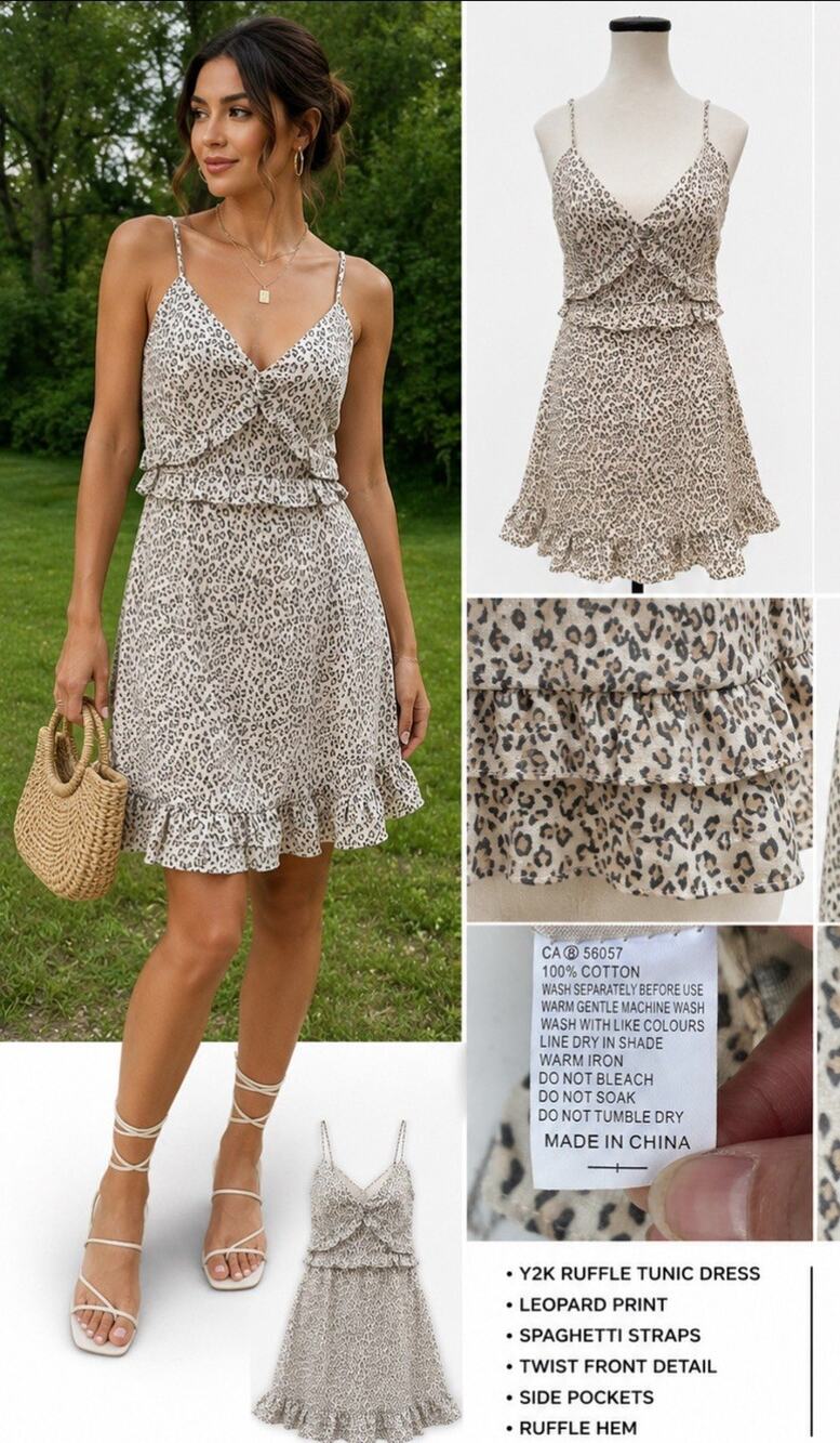 NWT Y2K 2000s Wildfire Leopard Print Ruffle Tunic Dress Size 8 Twist Front